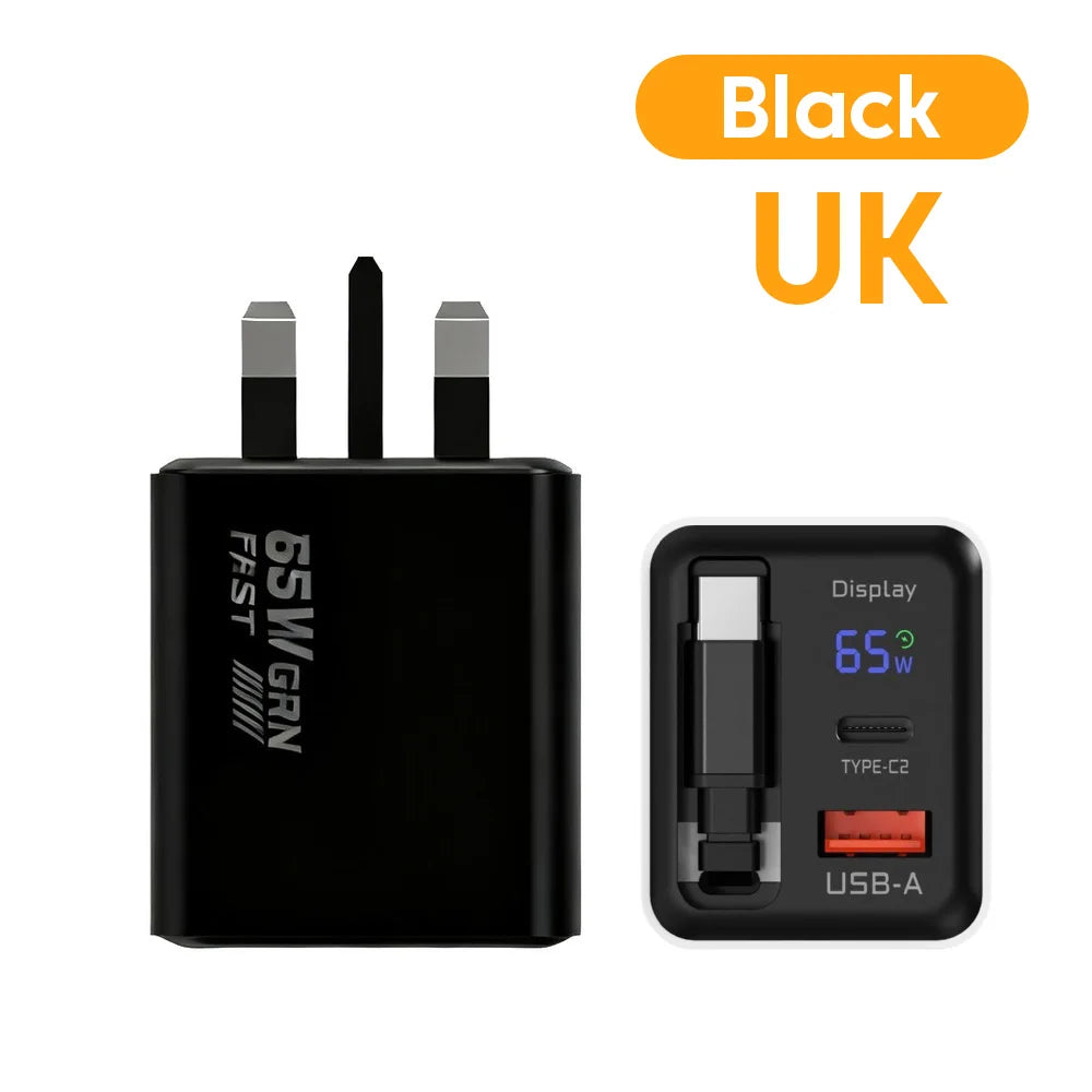 US / EU / UK  65W GaN Charger Digital Display Type-C USB Fast Charger with Retractable USB C Cable Phone Charger For iPhone 15 16 17 Samsung