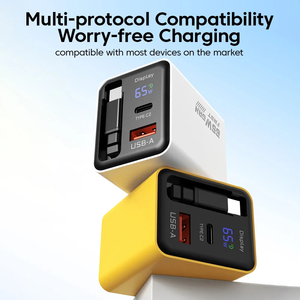 US / EU / UK  65W GaN Charger Digital Display Type-C USB Fast Charger with Retractable USB C Cable Phone Charger For iPhone 15 16 17 Samsung