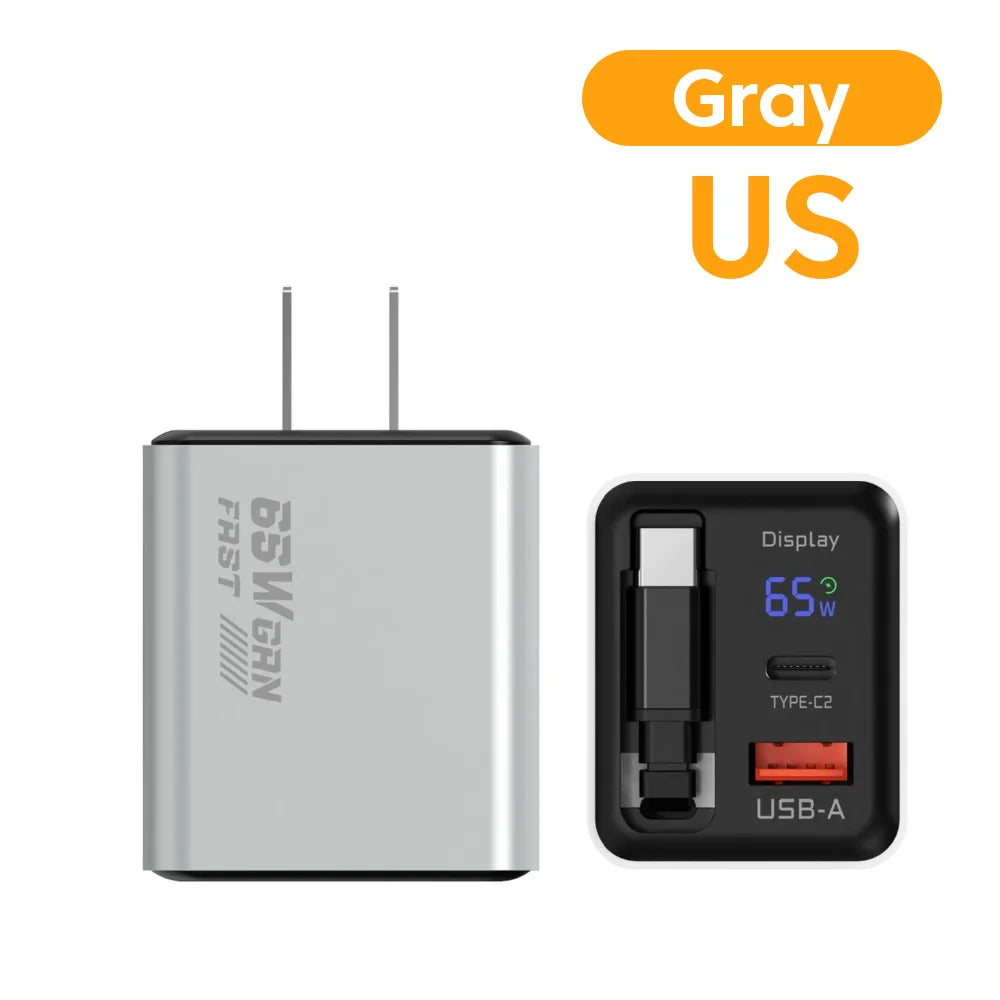 US / EU / UK  65W GaN Charger Digital Display Type-C USB Fast Charger with Retractable USB C Cable Phone Charger For iPhone 15 16 17 Samsung