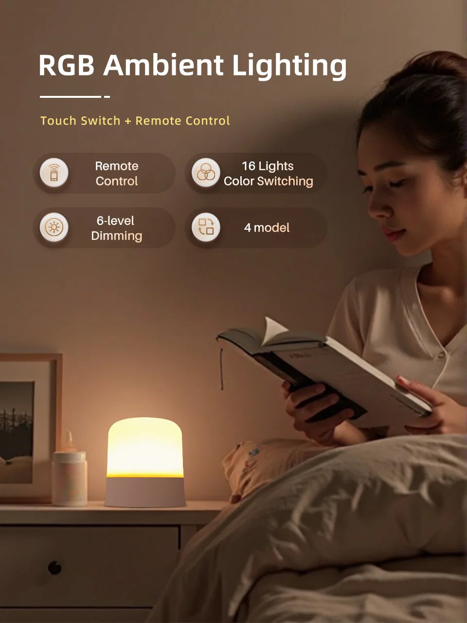 Touch Night Light Rechargeable Remote Control Night Light RGB Dimmable Table Lamp Ambient Light for Bedroom Living Room