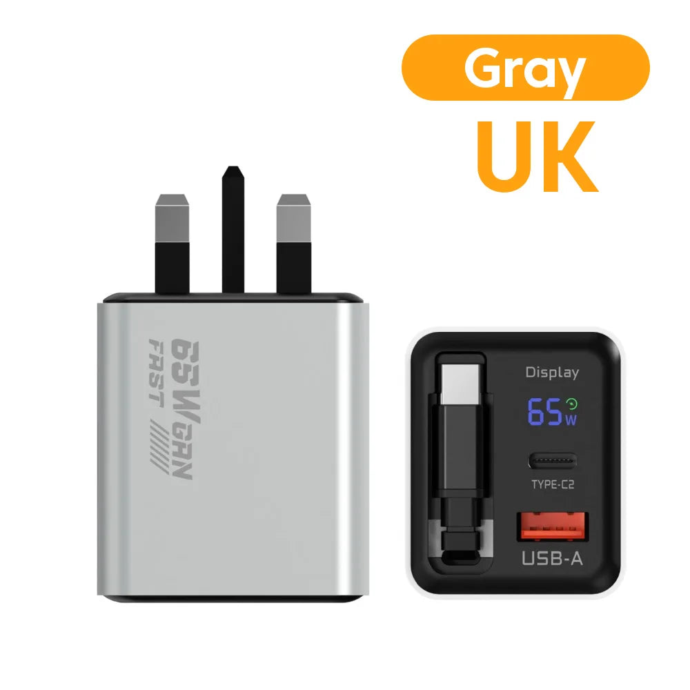 US / EU / UK  65W GaN Charger Digital Display Type-C USB Fast Charger with Retractable USB C Cable Phone Charger For iPhone 15 16 17 Samsung
