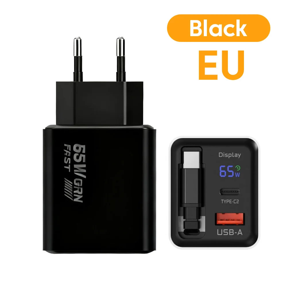 US / EU / UK  65W GaN Charger Digital Display Type-C USB Fast Charger with Retractable USB C Cable Phone Charger For iPhone 15 16 17 Samsung