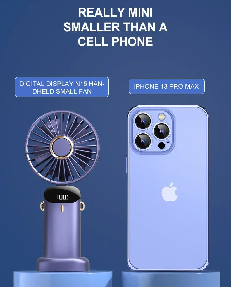 Handheld Mini Fan Foldable Portable Neck Hanging Fans 5 Speed USB Rechargeable Fan with Phone Stand and Display Screen 1800mAh