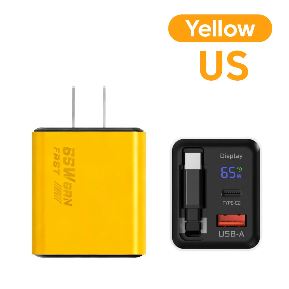 US / EU / UK  65W GaN Charger Digital Display Type-C USB Fast Charger with Retractable USB C Cable Phone Charger For iPhone 15 16 17 Samsung