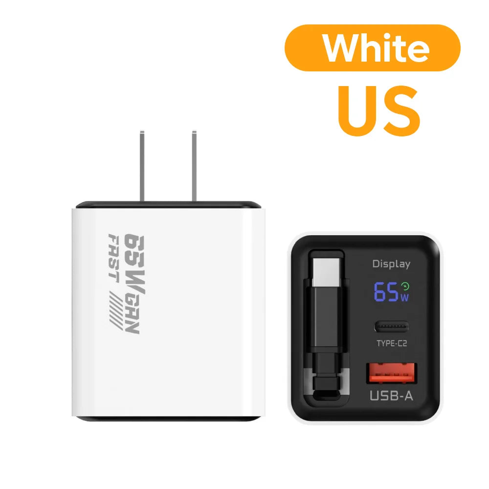 US / EU / UK  65W GaN Charger Digital Display Type-C USB Fast Charger with Retractable USB C Cable Phone Charger For iPhone 15 16 17 Samsung