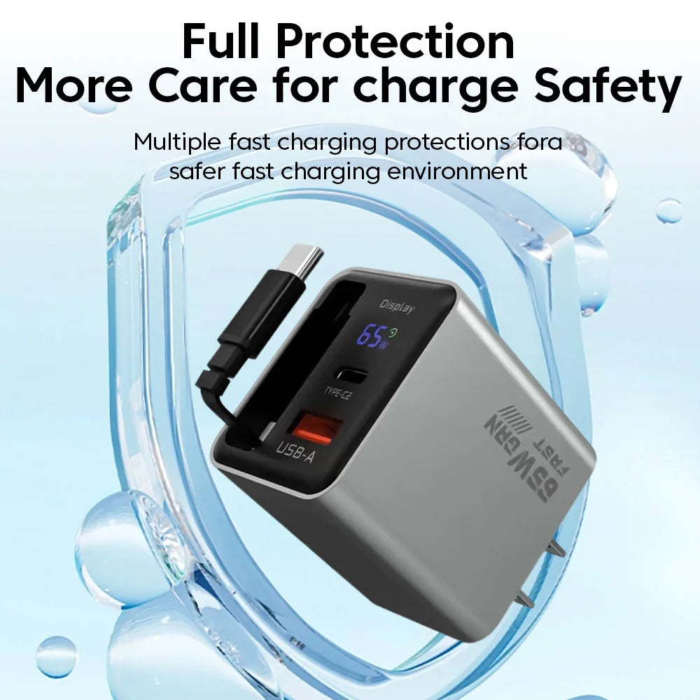 US / EU / UK  65W GaN Charger Digital Display Type-C USB Fast Charger with Retractable USB C Cable Phone Charger For iPhone 15 16 17 Samsung