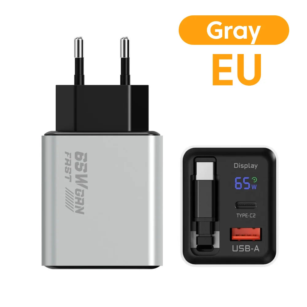 US / EU / UK  65W GaN Charger Digital Display Type-C USB Fast Charger with Retractable USB C Cable Phone Charger For iPhone 15 16 17 Samsung