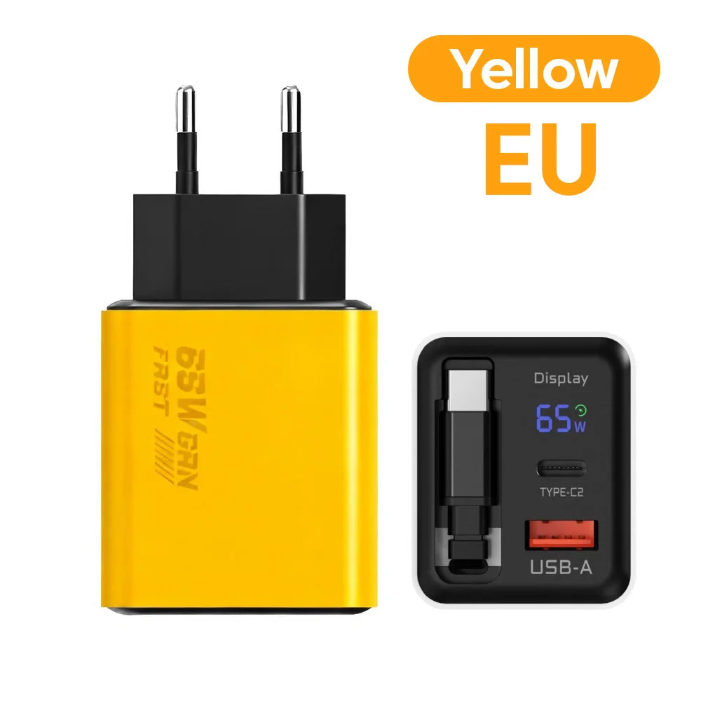 US / EU / UK  65W GaN Charger Digital Display Type-C USB Fast Charger with Retractable USB C Cable Phone Charger For iPhone 15 16 17 Samsung
