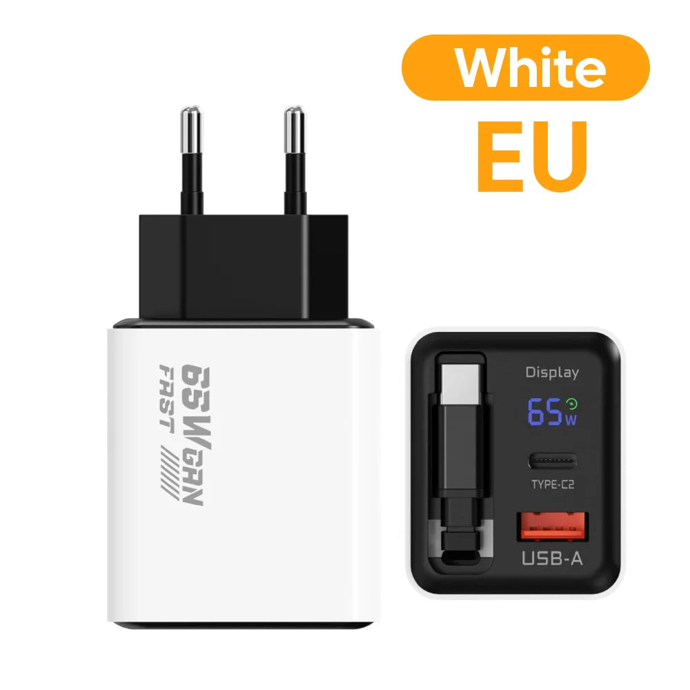 US / EU / UK  65W GaN Charger Digital Display Type-C USB Fast Charger with Retractable USB C Cable Phone Charger For iPhone 15 16 17 Samsung
