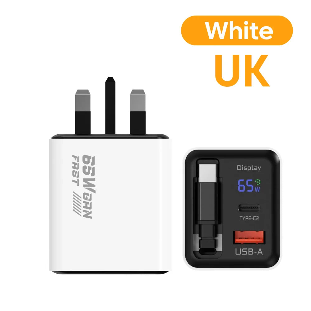 US / EU / UK  65W GaN Charger Digital Display Type-C USB Fast Charger with Retractable USB C Cable Phone Charger For iPhone 15 16 17 Samsung
