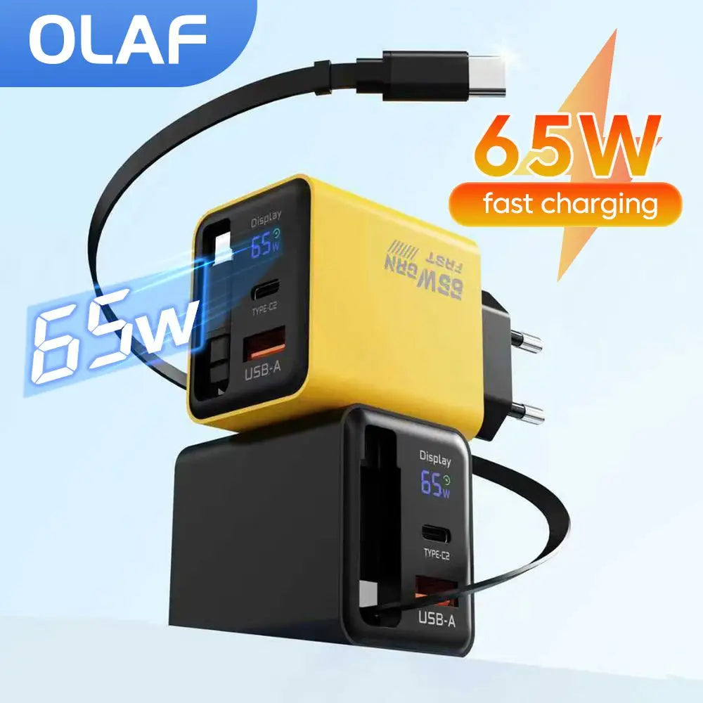 US / EU / UK  65W GaN Charger Digital Display Type-C USB Fast Charger with Retractable USB C Cable Phone Charger For iPhone 15 16 17 Samsung