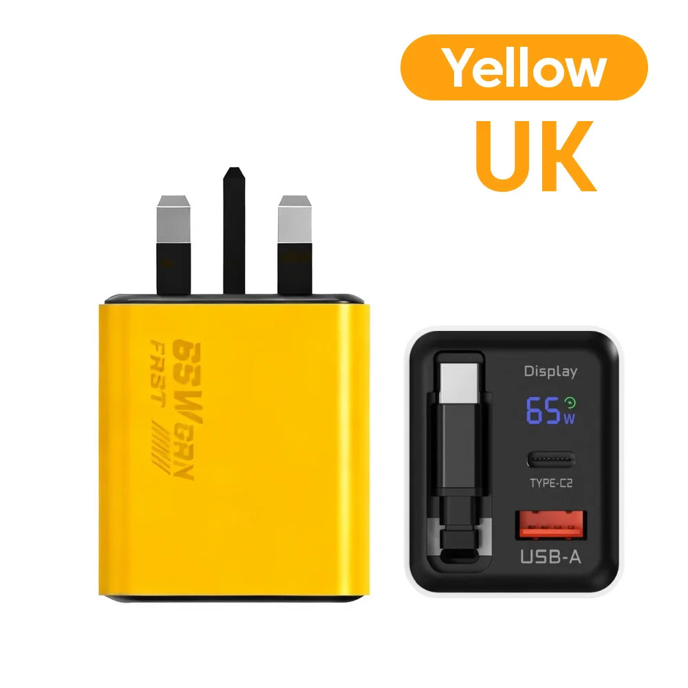 US / EU / UK  65W GaN Charger Digital Display Type-C USB Fast Charger with Retractable USB C Cable Phone Charger For iPhone 15 16 17 Samsung