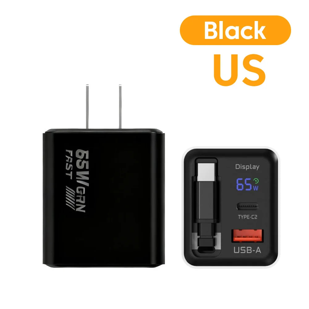 US / EU / UK  65W GaN Charger Digital Display Type-C USB Fast Charger with Retractable USB C Cable Phone Charger For iPhone 15 16 17 Samsung