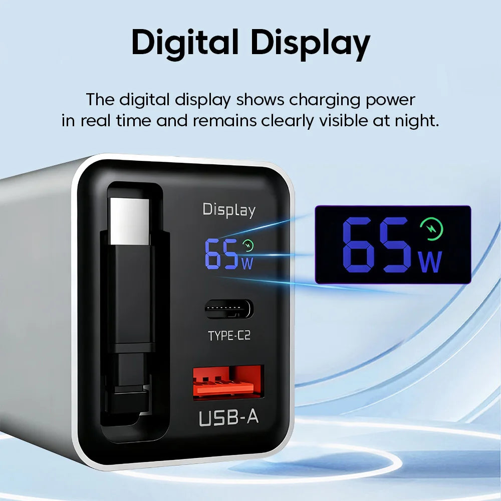 US / EU / UK  65W GaN Charger Digital Display Type-C USB Fast Charger with Retractable USB C Cable Phone Charger For iPhone 15 16 17 Samsung
